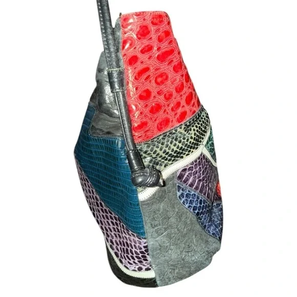 80s Colorful Patchwork Faux Snakeskin Shoulder bucket Bag